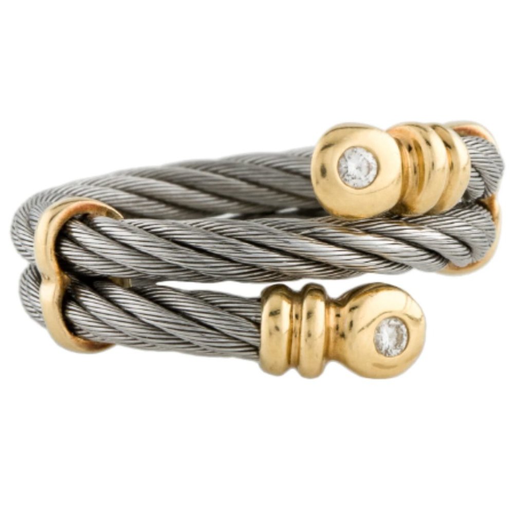 Charriol diamond, gold and steel cable ring, 6.5
